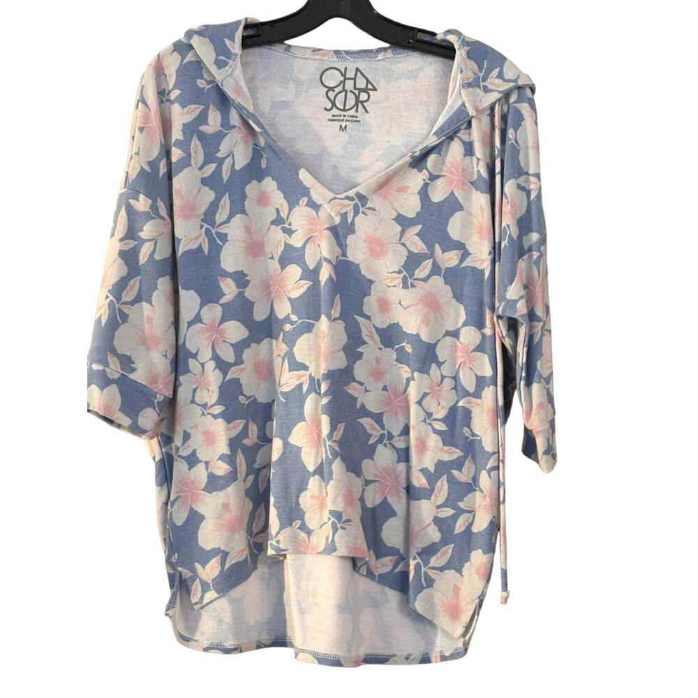 Chaser Sky Blue Floral Print 3/4 Sleeve V-Neck Hooded T-Shirt Top Size M Light